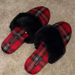 Victoria's Secret Red Plaid Slippers with Black Fur